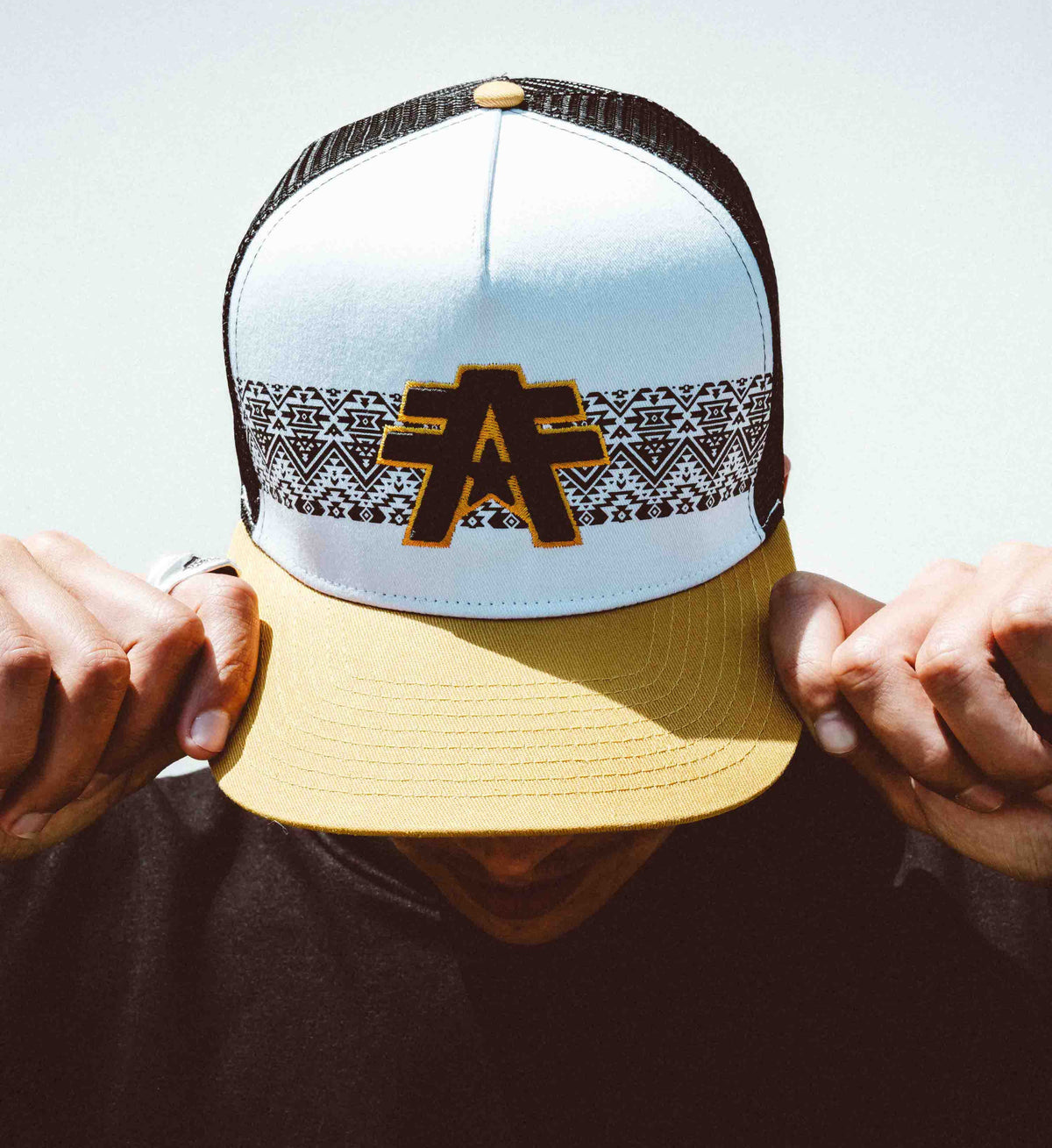 Person holding a cap with a logo and pattern on a light background