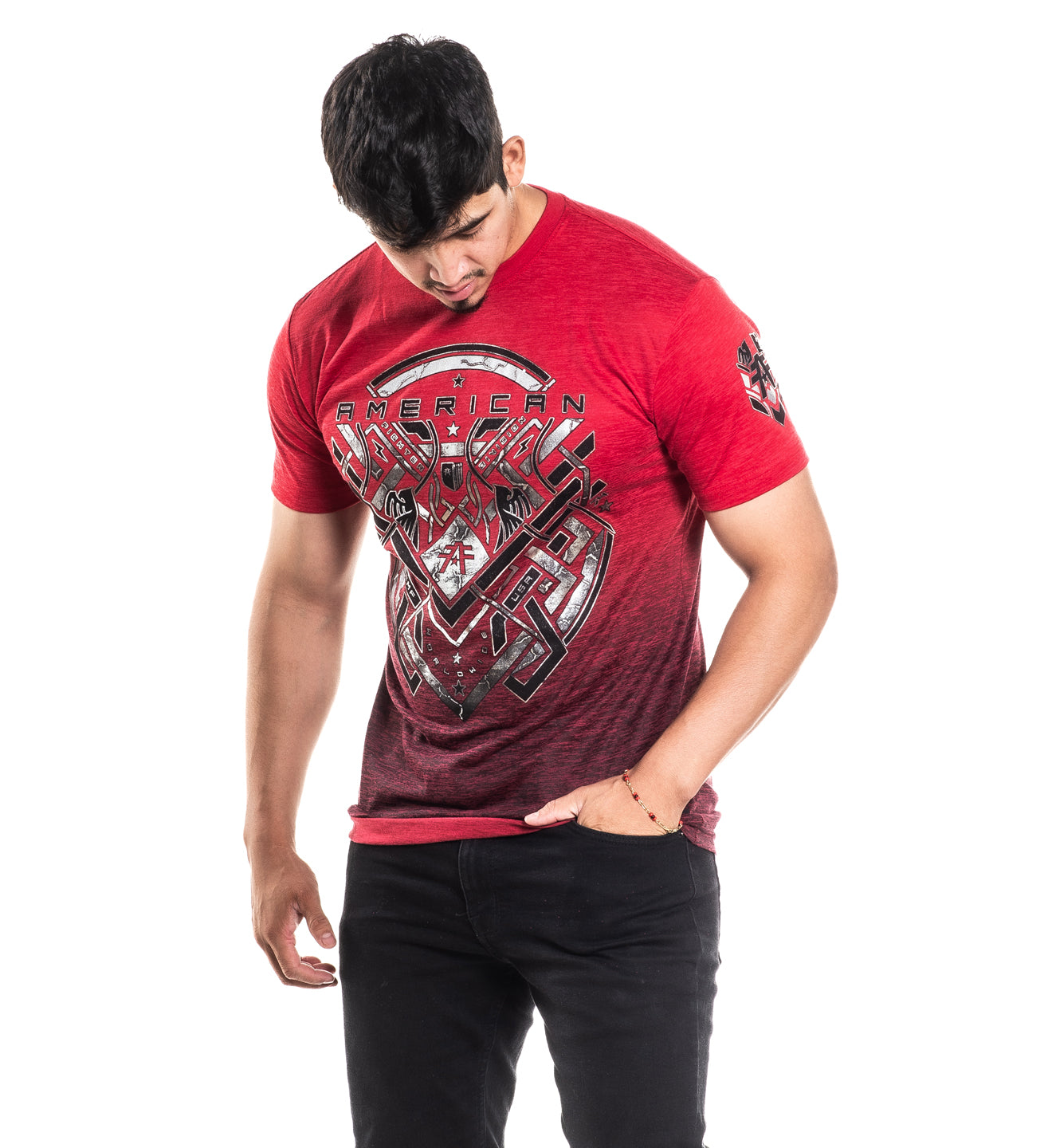 Red t-shirt with graphic design and 'American' text worn by a person on a white background