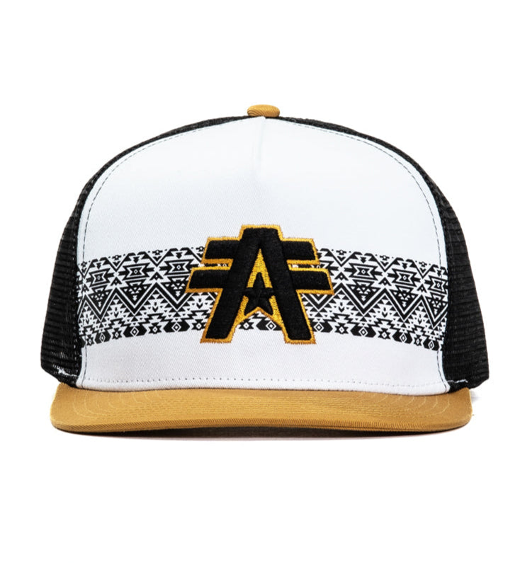 Trucker hat with a logo and pattern on a white background