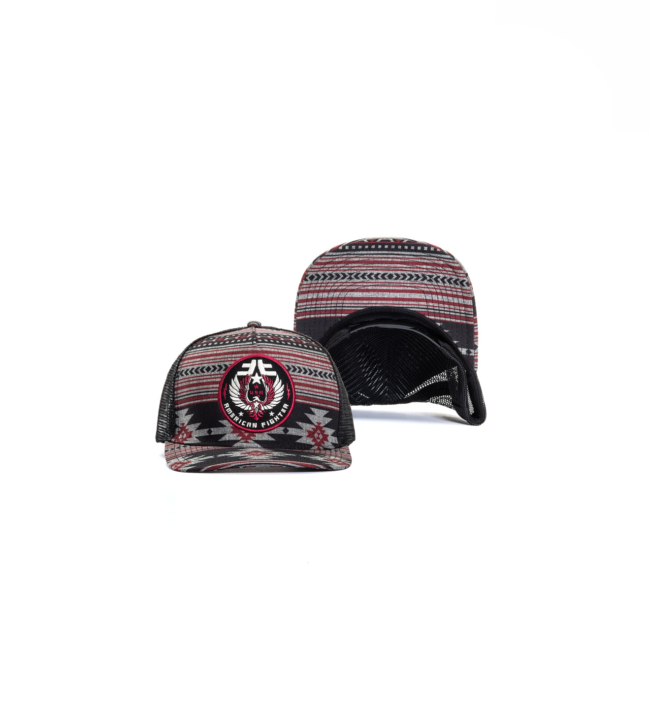 Trucker hat with geometric pattern and logo on a white background