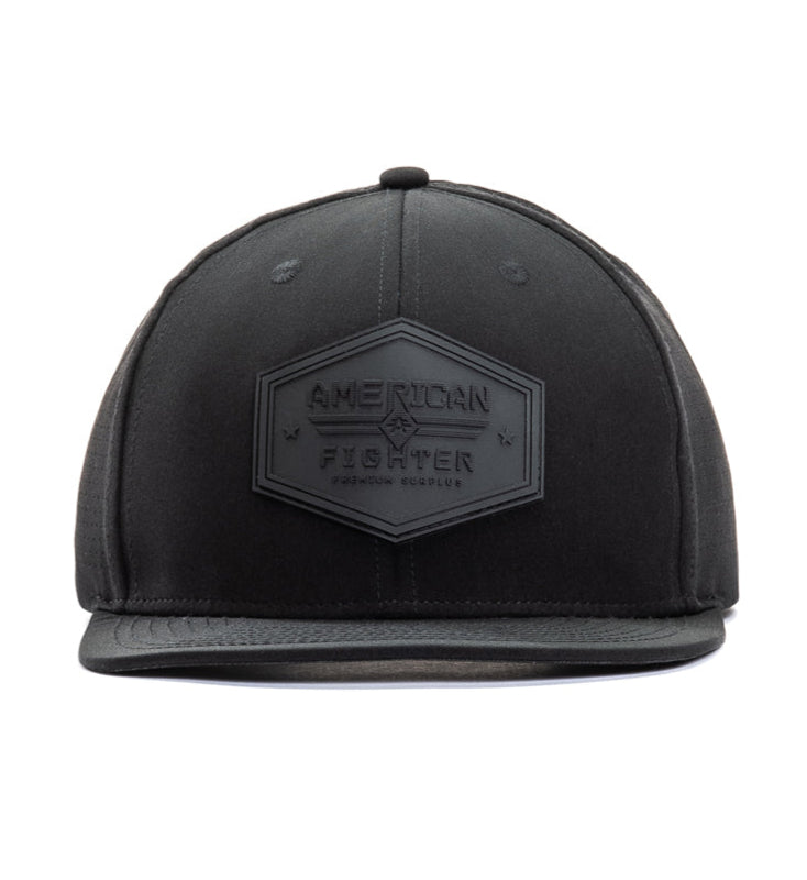 Black cap with a logo on a white background