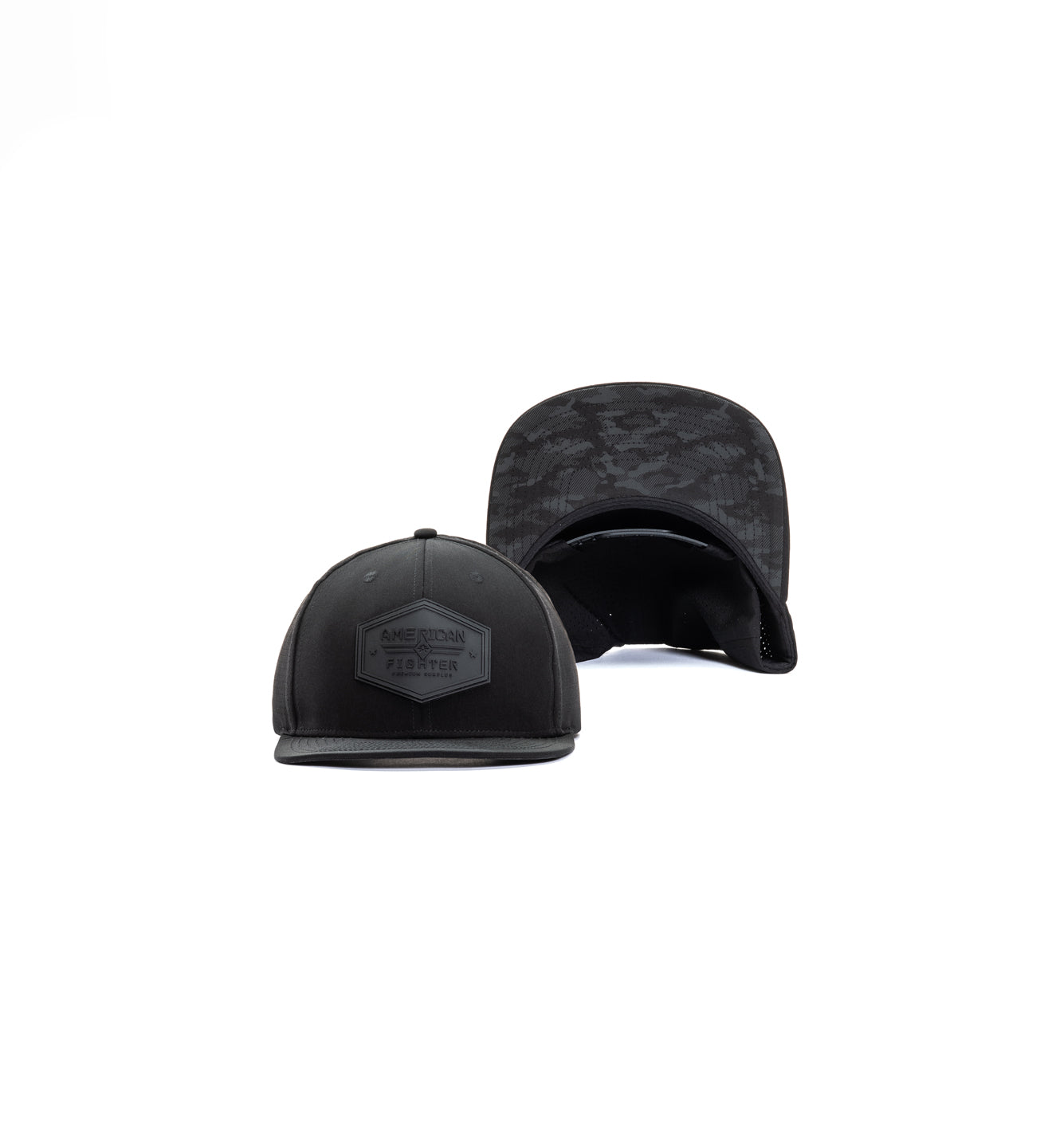 Black cap with a logo on a white background