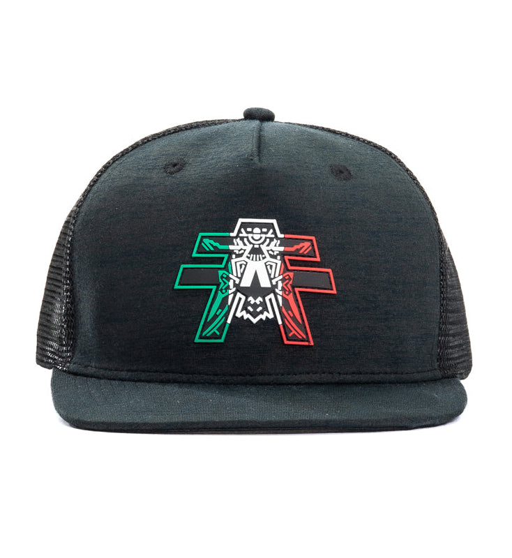 Black cap with embroidered design on a white background