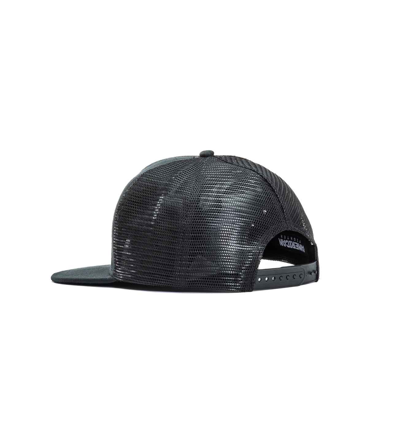 Black cap with embroidered design on a white background