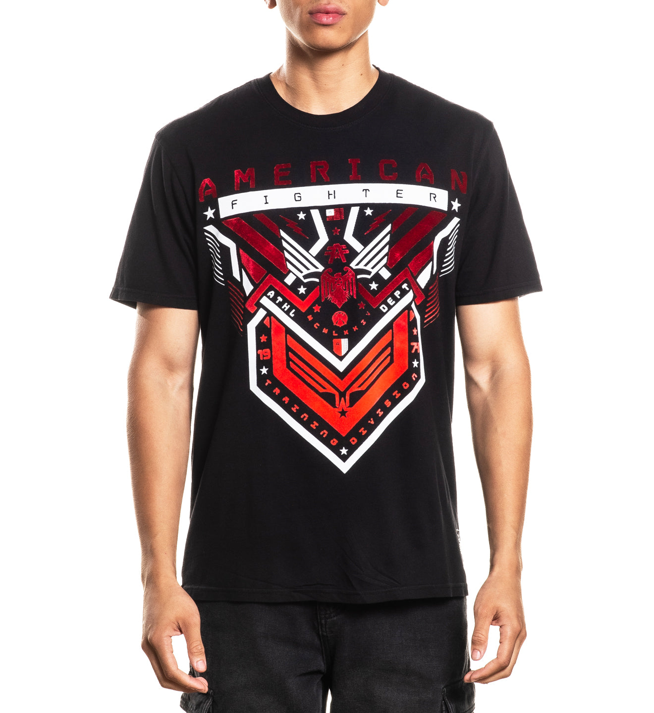 Person wearing a black t-shirt with a red and white graphic design on a white background