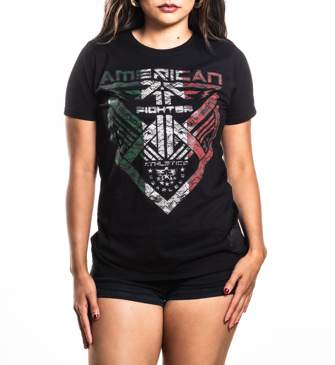 Person wearing a black t-shirt with a graphic design and text on a white background